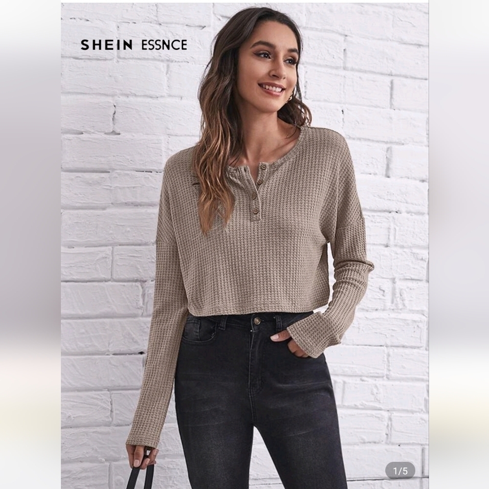 SHEIN Essnce Light Gray Button Half Placket Waffle Knit Tee Size XS